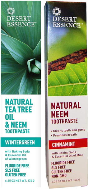 Desert Essence Toothpaste Natural Tea Tree Oil & Neem Toothpaste - 1 Wintergreen & 1 Cinnamint - Baking Soda & Essential Oil - Cleans Teeth & Gums - Refreshing Rich Taste - Tea Tree Oil