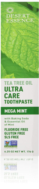 Desert Essence Natural Tea Tree Oil Ultra Care Toothpaste - Mega Mint - 6.25 Ounce - Helps Soothe Gums & Reduce Plaque - Freshens Breath & Cleans Teeth - Oral Care - Defends Against Sugar Acids