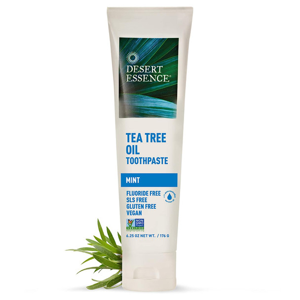 Desert Essence Tea Tree Oil Toothpaste - Mint - 6.25 Ounce - Pack of 3 - Refreshing Taste - Deep Cleans Teeth & Gums - Helps Fight Plaque - Sea Salt - Pure Essential Oil - Baking Soda