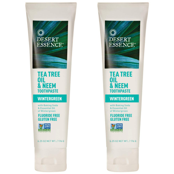 Desert Essence Tea Tree Oil & Neem Toothpaste - 6.25 Ounce - Pack of 2 - Refreshing Rich Taste - Baking Soda & Essential Oil of Wintergreen - Antiseptic - Natural Ingredients - Fluoride & Gluten Free