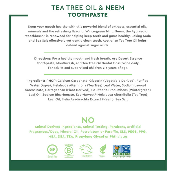Desert Essence Tea Tree Oil & Neem Toothpaste - 6.25 Ounce - Pack of 2 - Refreshing Rich Taste - Baking Soda & Essential Oil of Wintergreen - Antiseptic - Natural Ingredients - Fluoride & Gluten Free