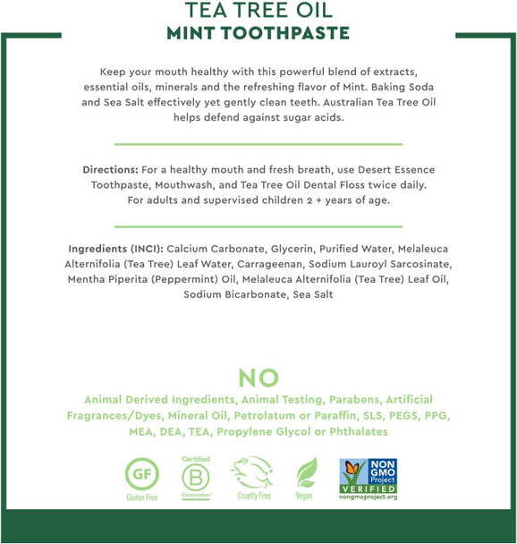 Desert Essence Tea Tree Oil Toothpaste - Mint - 6.25 Ounce - Refreshing Taste - Deep Cleans Teeth & Gums - Helps Fight Plaque - Sea Salt - Pure Essential Oil - Baking Soda - Promotes Healthy Mouth