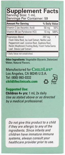 ChildLife Clinicals Lung Health - Lung Support Supplement, All-Natural, Made with 9 Herbal Supplements, Non-GMO, Gluten-Free - Natural Vanilla Flavor, 2 Fluid Ounces