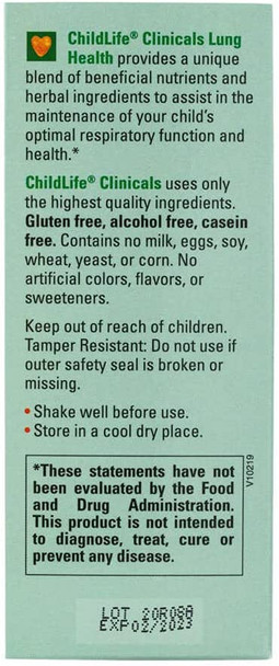 ChildLife Clinicals Lung Health - Lung Support Supplement, All-Natural, Made with 9 Herbal Supplements, Non-GMO, Gluten- - Natural Vanilla Flavor, 2 Fluid Ounces