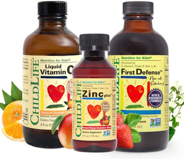 ChildLife Essentials Immune Support Bundle - Vitamin C, First Defense, & Zinc for Kids, Supports The Immune System, All-Natural, Allergen-Free, Non-GMO - Variety of Flavors