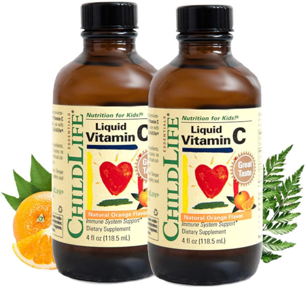 CHILDLIFE ESSENTIALS Liquid Vitamin C - Immune Support, Vitamin C Liquid, All-Natural, Gluten-Free, Allergen Free, Non-GMO, High in Antioxidants - Orange Flavor, 4 Fl Oz Bottle (Pack of 2)