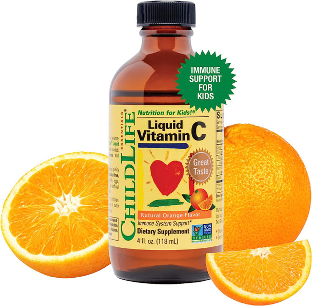 CHILDLIFE ESSENTIALS Liquid Vitamin C - Immune Support, Vitamin C Liquid, All-Natural, Gluten-Free, Allergen Free, Non-GMO, High in Antioxidants - Orange Flavor, 4 Ounce Bottle