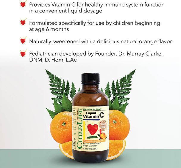 CHILDLIFE ESSENTIALS Liquid Vitamin C - Immune Support, Vitamin C Liquid, All-Natural, Gluten-Free, Allergen Free, Non-GMO, High in Antioxidants - Orange Flavor, 4 Ounce Bottle