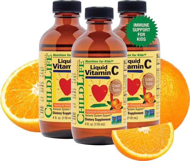 CHILDLIFE ESSENTIALS Liquid Vitamin C  Immune Support Vitamin C Liquid All Natural Gluten Free Allergen Free Non GMO High in Antioxidants  Orange Flavor 4 Ounce Bottle (Pack of 3)