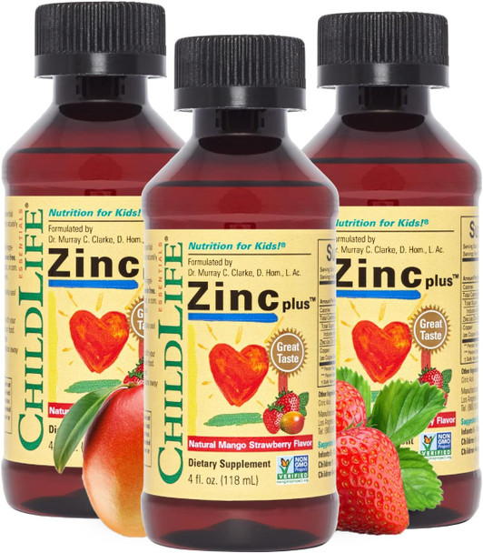 ChildLife Essentials Liquid Zinc Plus - All-Natural Support for Optimal Immune System Function, Allergen-Free, Zinc Drops for Kids, Infants, & Teens - Mango Strawberry Flavor, 4 Fl Oz (Pack of 3)