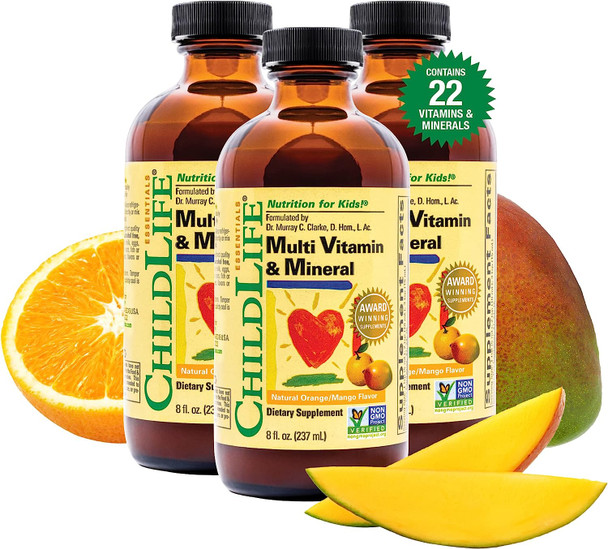 CHILDLIFE ESSENTIALS Multi Vitamin & Mineral, Natural Orange/Mango Flavor - Gluten Free, Alcohol Free, Casein Free, Non-GMO - 8 fl. oz (Pack of 3)