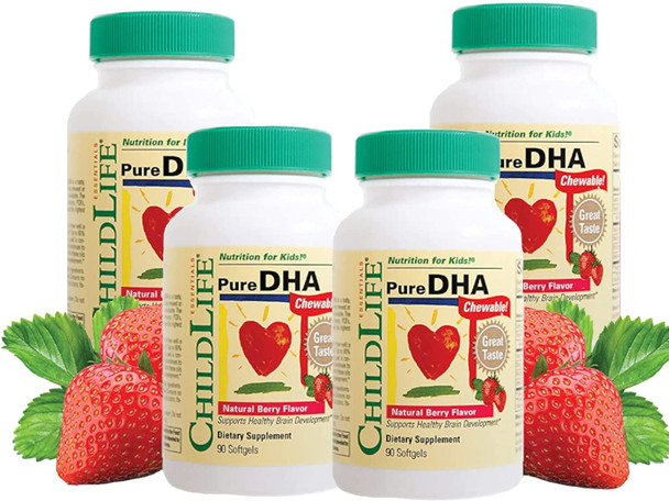ChildLife Essentials Pure DHA Dietary Supplement - DHA for Kids, Supports Healthy Brain Growth & Function, All-Natural, Gluten-Free, Kids DHA Supplement - Natural Strawberry Flavor - 90 Count (Pack of 4)