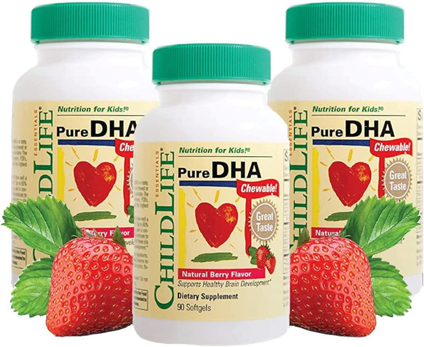 CHILDLIFE ESSENTIALS Pure DHA Dietary Supplement - DHA for Kids, Supports Healthy Brain Growth & Function, All-Natural, Gluten-Free, Kids DHA Supplement - Natural Strawberry Flavor, 90 Count (3 Pack)