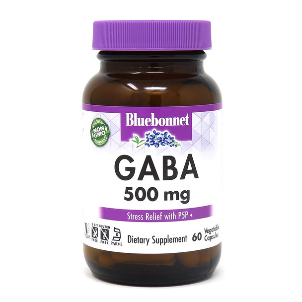 Bluebonnet Nutrition GABA 500mg, for Stress Relief, Supports Relaxation, Kosher, Vegan, Gluten-Free, Soy-Free, Non-GMO, 60 Count, 60 Servings