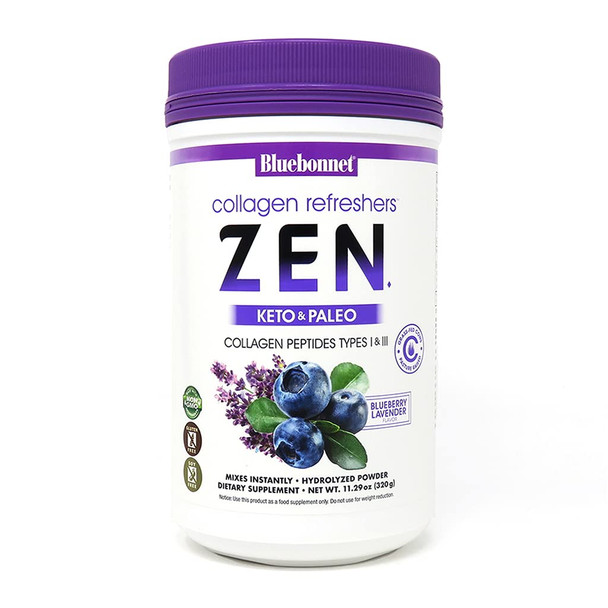 Bluebonnet Nutrition Collagen Refreshers Zen Powder, Keto and Paleo, Stress Relief, Soy-Free, Gluten-Free, Non-GMO, Grass-fed Cows, Pasture Raised, 11.29 oz, 20 Servings, Blueberry Lavender Flavor