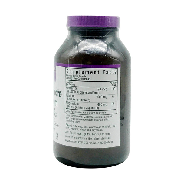 Bluebonnet Nutrition Calcium Citrate Magnesium Plus Vitamin D3 Caplets, Bone Health & Muscle Relaxation, Non GMO, Gluten, Soy & Milk Free, Kosher, White, Unflavored, 180 Count Bluebonnet Nutrition Calcium Citrate Magnesium Plus Vitamin D3 Caplets, Bone Health & Muscle Relaxation, Non GMO, Gluten, Soy & Milk Free, Kosher, White, Unflavored, 180 Count