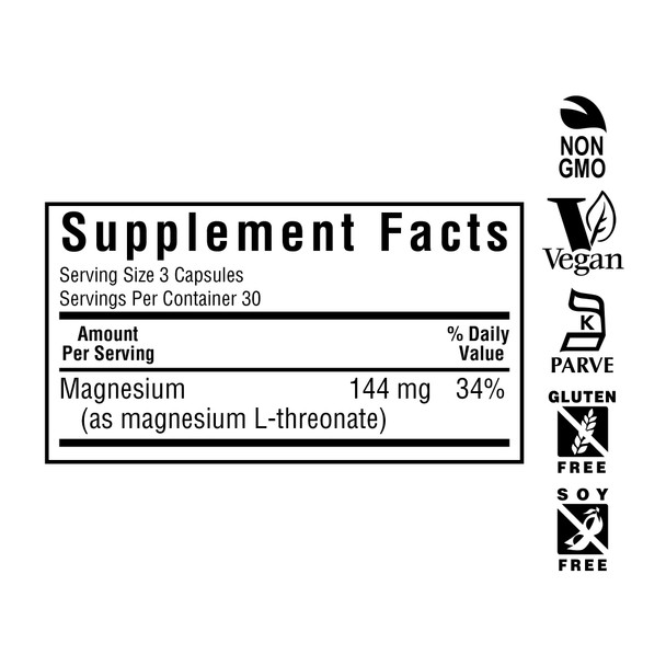 Bluebonnet Nutrition Magnesium L-Threonate, for Cognitive Function and Mood, Soy-Free, Gluten-Free, Non-GMO, Dairy-Free, Kosher, Vegan, 90 Vegetable Capsules, 30 Servings