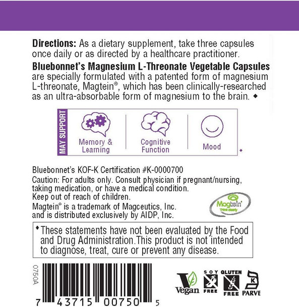 Bluebonnet Nutrition Magnesium L-Threonate, for Cognitive Function and Mood, Soy-Free, Gluten-Free, Non-GMO, Dairy-Free, Kosher, Vegan, 90 Vegetable Capsules, 30 Servings