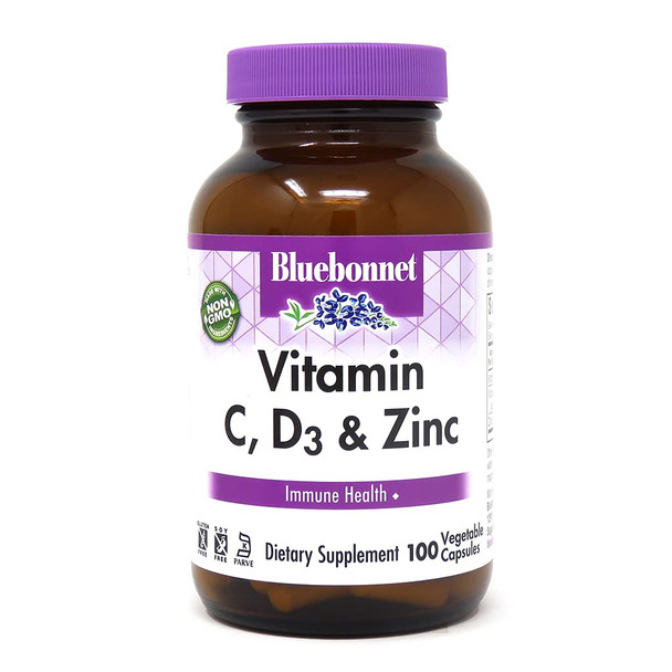 Bluebonnet Nutrition Vitamin C, D3 & Zinc, for Immune Health and Respiratory Function, Soy-Free, Gluten-Free, Non-GMO, Kosher Certified, Dairy-Free, 100 Vegetable Capsules, 100 Servings