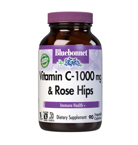 Bluebonnet Nutrition Vitamin C-1000 mg Plus Rose Hips Vegetable Capules, for Immune Health, for Antioxidant Protection, Soy Free, Gluten Free, Non-GMO, Kosher, Dairy Free, Vegan, 90 Count