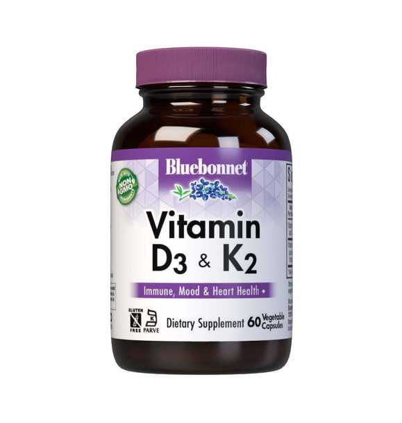 Bluebonnet Nutrition Vitamin D3 & K2, Soy-Free, for Strong-Healthy Bones, Gluten-Free, Non-GMO, Dairy-Free, Kosher Certified, Vegetarian, 60 Vegetable Capsules, 60 Servings