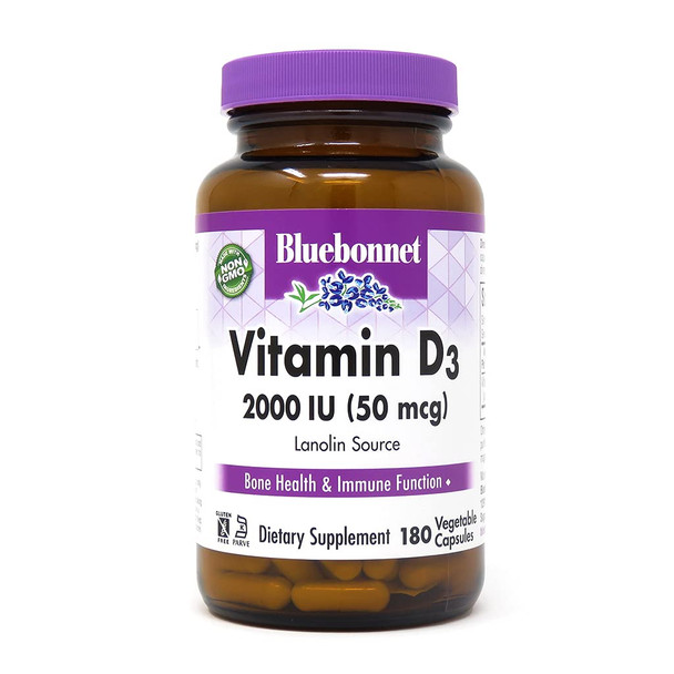 Bluebonnet Nutrition Vitamin D3 2000 IU Vegetable Capsule, Aid in Muscle and Skeletal Growth, Cholecalciferol from Lanolin, D3, Non GMO, Gluten Free, Soy Free, Milk Free, Kosher, 180 Vegetable Capsule