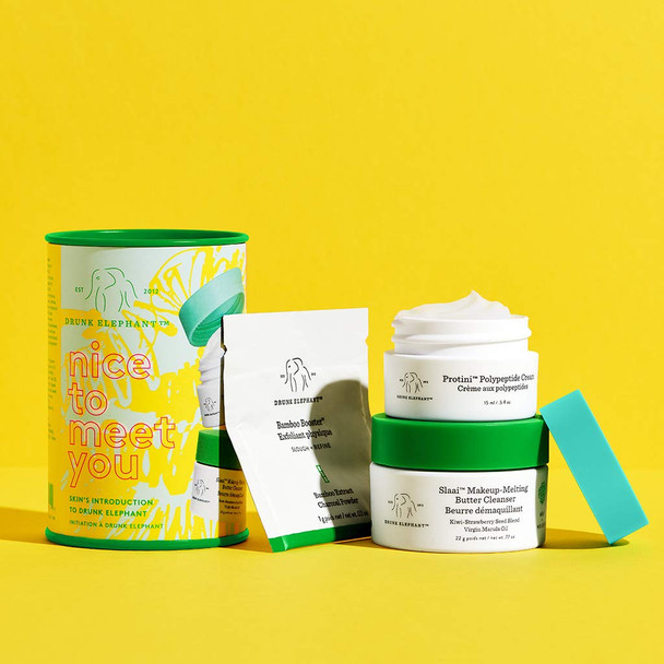 Drunk Elephant Nice to Meet You. Top-Notch Cleanser and Moisturizer Skin Care Bundle (Butter Cleanser, Peptide Moisturizer, Powder Exfoliant)