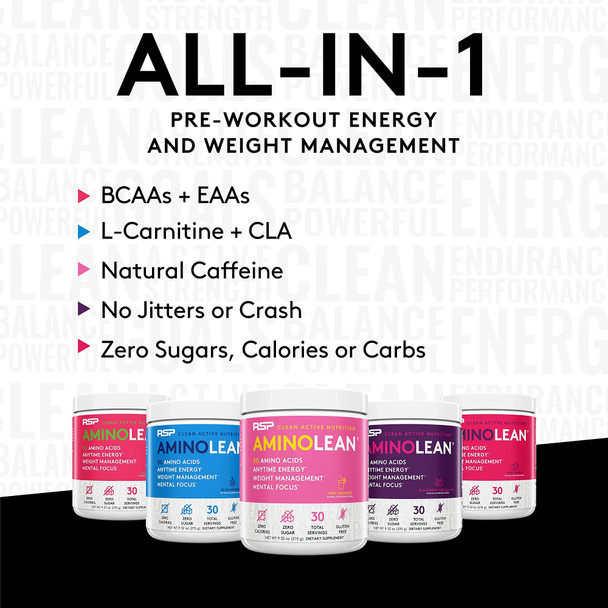 AminoLean Pre Workout Energy (Pink Lemonade 30 Servings) with AminoLean Recovery Post Workout Boost (Blue Raspberry 30 Servings)