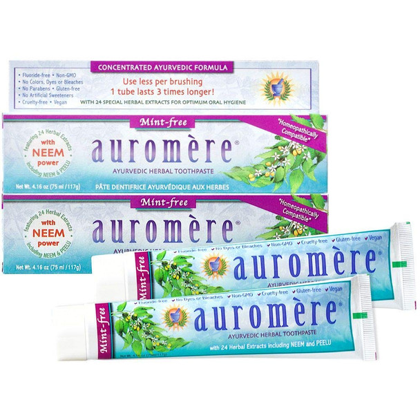 Auromere Ayurvedic Herbal Toothpaste, Mint Free - Vegan, Natural, Non GMO, Fluoride Free, Gluten Free, with Neem & Peelu (4.16 oz), 2 Pack