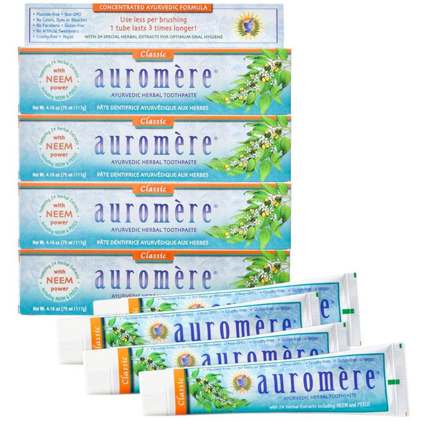 Auromere Ayurvedic Herbal Toothpaste, Classic Licorice Flavor - Vegan, Natural, Non GMO, Fluoride Free, Gluten Free, with Neem & Peelu (4.16 oz), 4 Pack