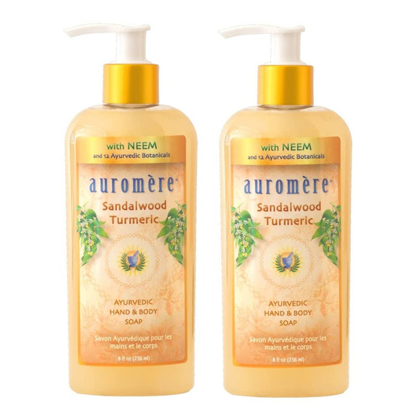Auromere Ayurvedic Liquid Soap, Sandalwood Turmeric - with Neem and Coconut Oil, Vegan, Cruelty Free, Natural, Non GMO, Paraben-free, Gluten-free - 8oz (Pack of 2)