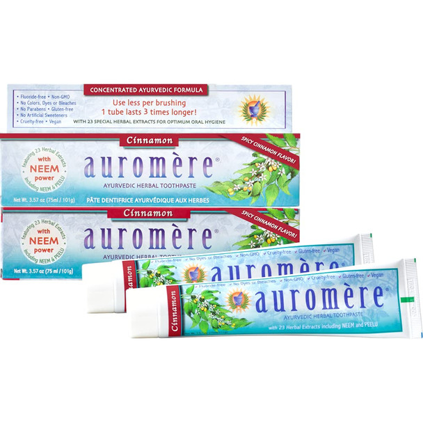 Auromere Ayurvedic Herbal Toothpaste, Cinnamon - Vegan, Natural, Non GMO, Fluoride Free, Gluten Free, with Neem & Peelu (3.57 oz), 2 Pack Auromere Ayurvedic Herbal Toothpaste, Cinnamon - Vegan, Natural, Non GMO, Fluoride Free, Gluten Free, with Neem & Peelu (3.57 oz), 2 Pack
