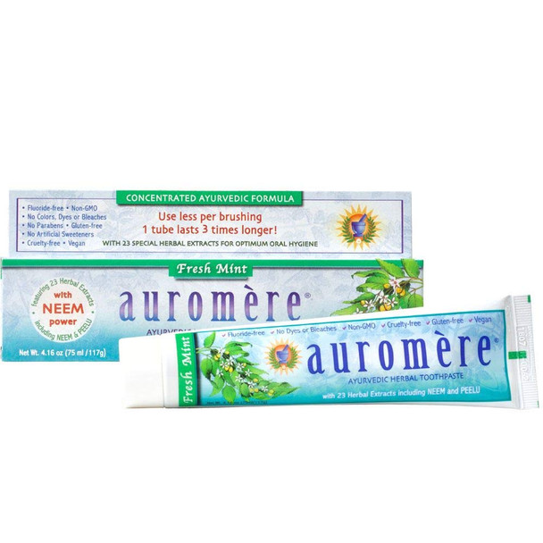 Auromere Ayurvedic Herbal Toothpaste, Fresh Mint - Vegan, Natural, Non GMO, Fluoride Free, Gluten Free, with Neem & Peelu (4.16 oz)