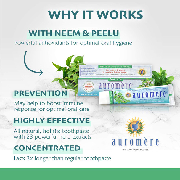 Auromere Ayurvedic Herbal Toothpaste, Fresh Mint - Vegan, Natural, Non GMO, Fluoride Free, Gluten Free, with Neem & Peelu (4.16 oz)