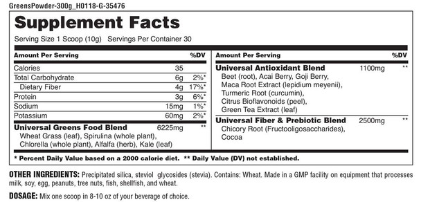 Universal Nutrition Greens Powder Supplement, Acai Berry/Kale/turmeric, Wheat Grass, Beet Root, Goji Berry, Fiber and Prebiotic, No Artificial Ingredients, Sweetened with Stevia, 300 Gram