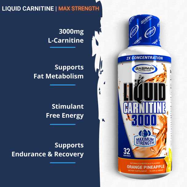 Gaspari Nutrition Liquid Carnitine 3000: Metabolism Enhancer, Stimulant-Free Energy, Endurance and Recovery Support, 32 Servings (Orange Pineapple)