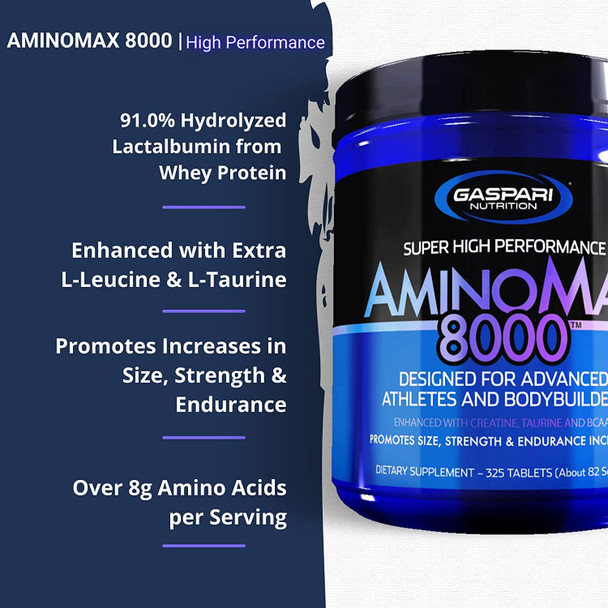 Gaspari Nutrition AminoMax 8000, Advanced Amino Acids for Muscle Recovery, Growth and Endurance - Creatine, Leucine, Taurine, and BCAAs (325 Tablets)