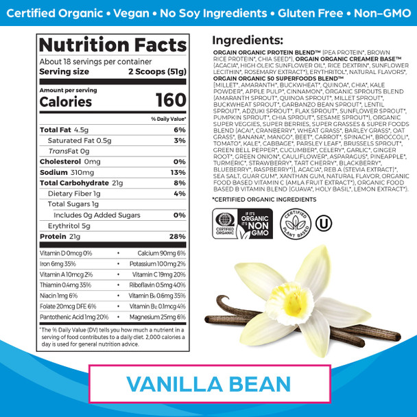 Orgain Organic Protein + Superfoods Powder, Vanilla Bean - 21g of Protein, Vegan, Plant Based, 5g of Fiber, No Dairy, Gluten, Soy or Added Sugar, Non-GMO, 2.02lb