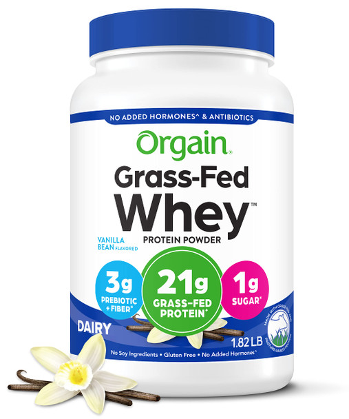 Orgain Grass Fed Whey Protein Powder, Vanilla Bean - 21g of Protein, Low Net Carbs, Gluten Free, Soy Free, No Sugar Added, Kosher, Non-GMO, 1.82 Lb (Packaging May Vary)