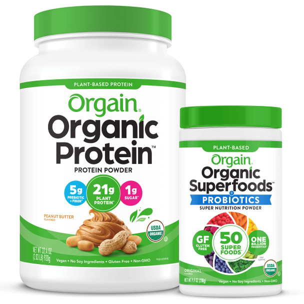 Orgain Organic Plant Based Protein Powder, Peanut Butter - Vegan, Low Net Carbs, 2.03 Pound & Organic Green Superfoods Powder, Original - Antioxidants, 1 Billion Probiotics, Vegan, 0.62 Pound