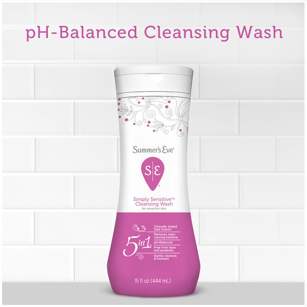 Summer's Eve Cleansing Wash, Simply Sensitive, pH-Balanced, Dermatologist & Gynecologist Tested, 15 Fl Oz (Pack of 2)