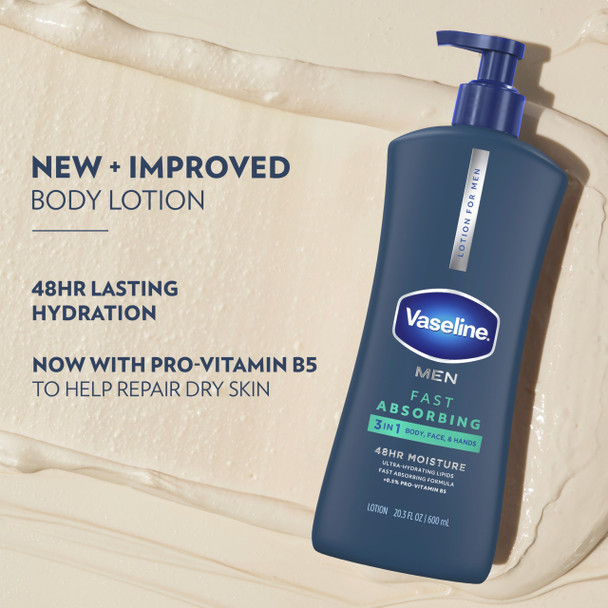 Vaseline Men Fast Absorbing 3 in 1 Face Hands and  Body Lotion for Men For Dry Skin Absorbs in Just 15 Seconds for Moisturized Skin 20.3 oz