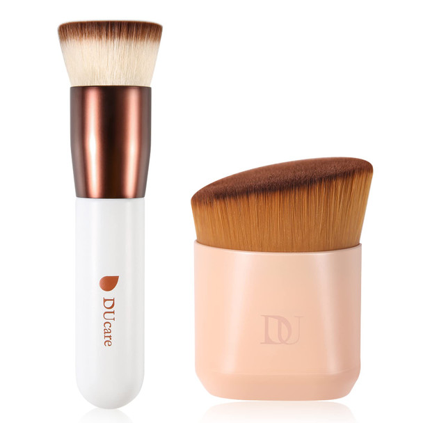 DUcare 2pcs Flat Top Kabuki Foundation Brush, Synthetic Professional Makeup Brushes Liquid Blending Mineral Powder Buffing Stippling Makeup Tools, Rose Golden/White