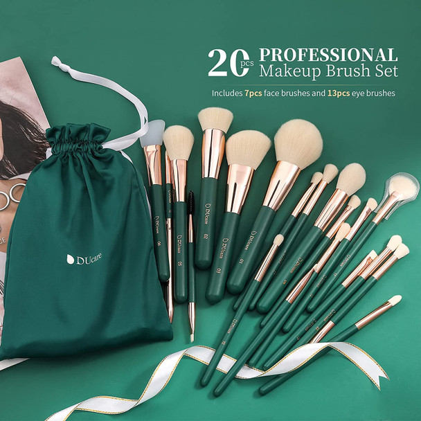 DUcare Makeup Brushes Professional 20Pcs Green Makeup Brush set with Silicone Face Mask Brush Kabuki Foundation Blending Powder Blush Concealers Eyeshadows Brushes