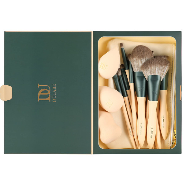 DUcare Makeup Brushes 14Pcs with 3Pcs Makeup Spong & Cosmetic Bag - Lime Mojito Series Professional Kabuki Foundation Blending Brush Face Powder Blush Concealers Eye Shadows