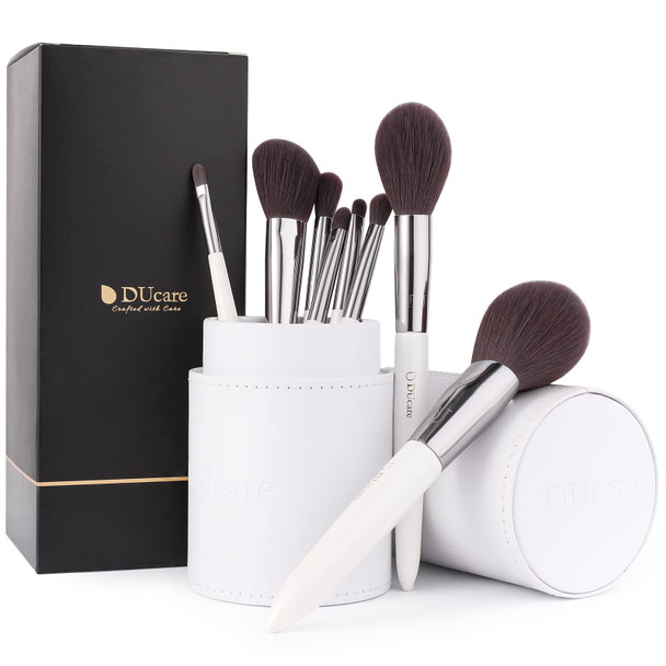 DUcare Makeup Brushes with Holder White 8Pcs Makeup Brush set Premium Synthetic Foundation Powder Concealers Blending Eye Shadows Face Makeup Brush Kit