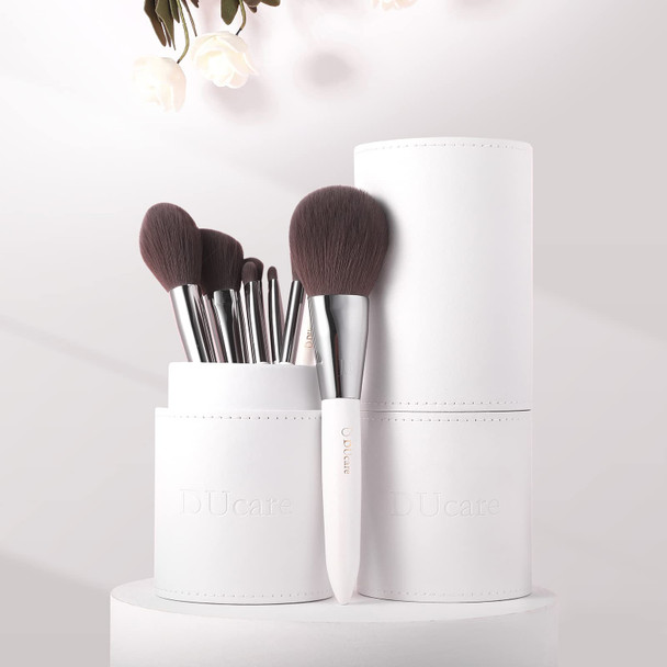 DUcare Makeup Brushes with Holder White 8Pcs Makeup Brush set Premium Synthetic Foundation Powder Concealers Blending Eye Shadows Face Makeup Brush Kit