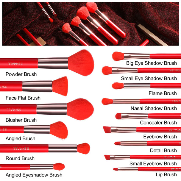 BS-MALL Makeup Brushes 15 Pcs Red Synthetic Kabuki Brush Set Foundation Powder Blending Concealer Eye shadows Blush Cosmetics Brushes with Brush Case