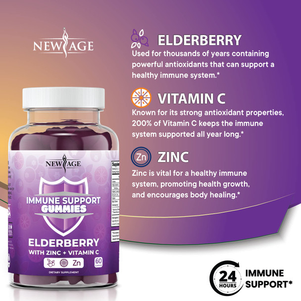 New Age Immune System Support Gummies - Sambucus Black Elderberry Gummies with Vitamin C and Zinc - All Natural Immunity Gummies - 60 Count (1 Pack 60 Count)