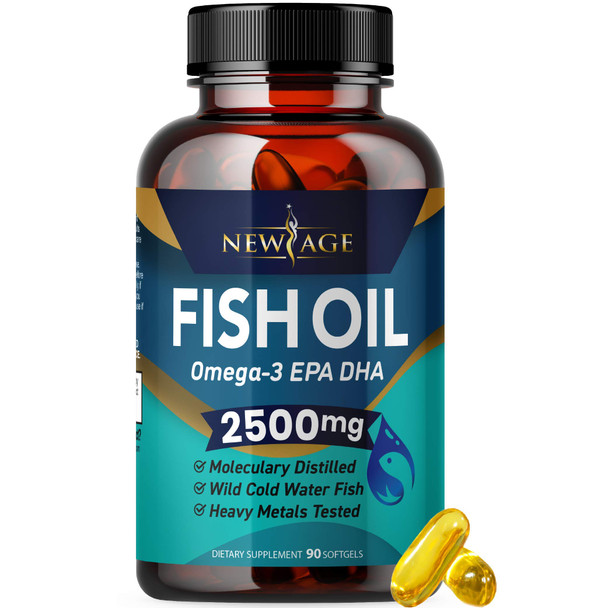 Omega 3 Fish Oil 2500mg Supplement by New Age – Immune & Heart Support – Promotes Joint, Eye, Brain & Skin Health - Non GMO 90 Softgels - EPA, DHA Fatty Acids Gluten Free